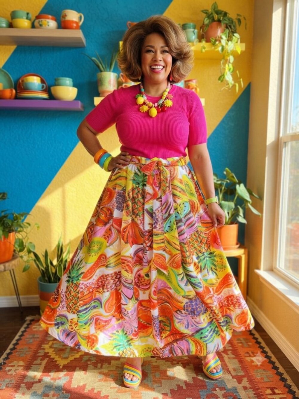 Tropical Fruit Print A-Line Maxi Skirt‎ Dopamine Vibrant Summer Resortwear XL